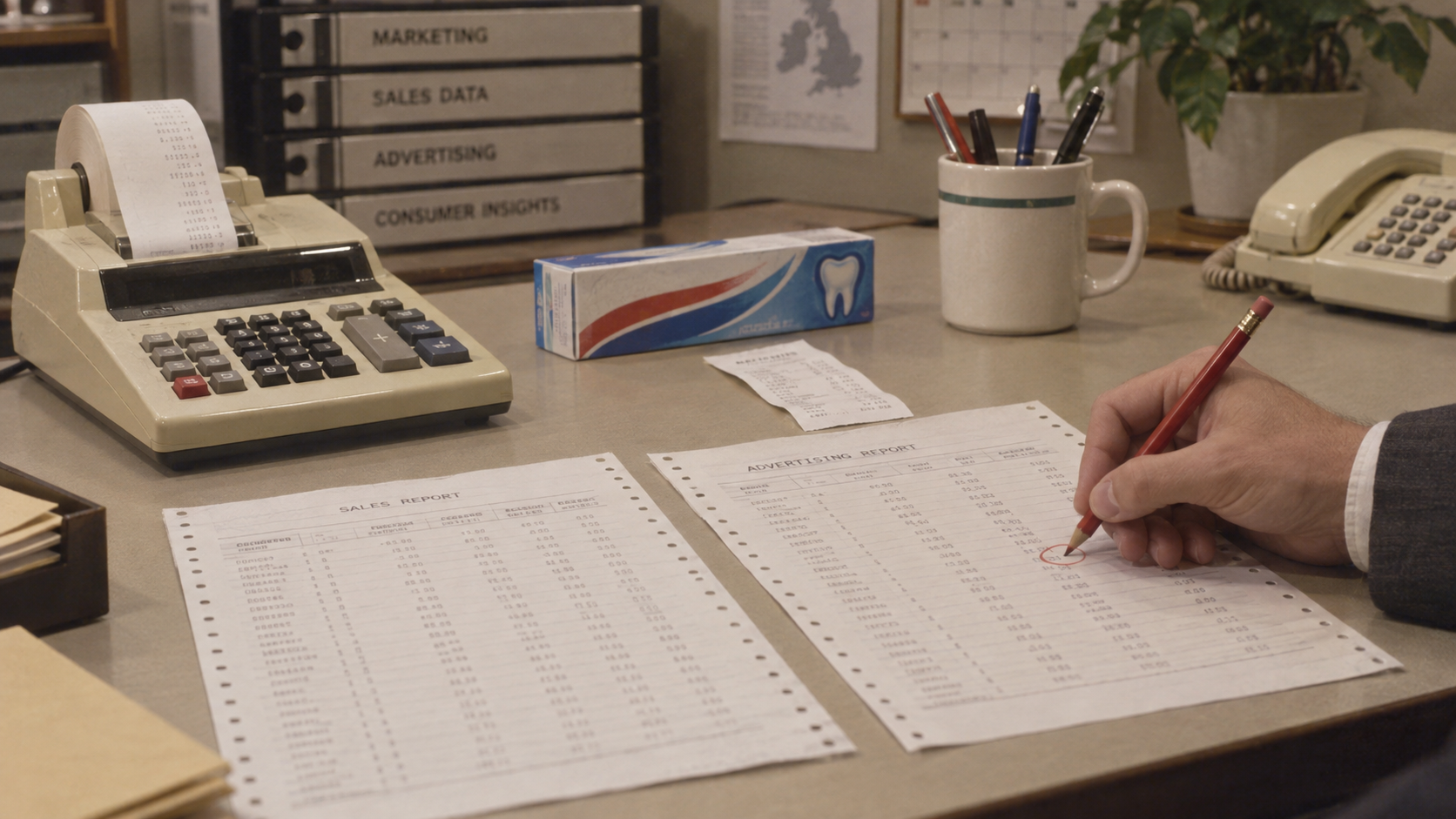 A calculator, campaign reports and a receipt being checked with a pencil